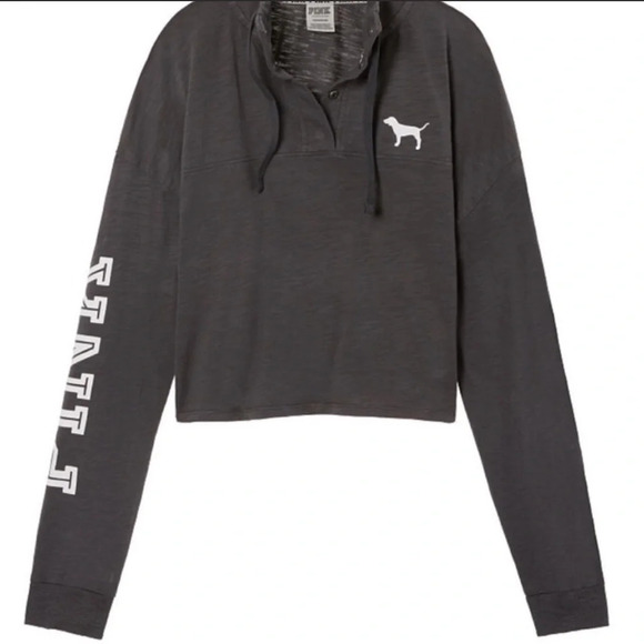 PINK Victoria's Secret Tops - VS Pink Varsity Quarter Snap Long Sleeve Logo Crop Top​​​​​​​​​​